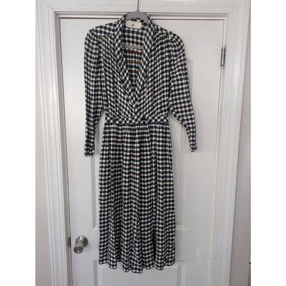 Vintage 80s Eileen West black/white check plaid rayon wrapper dress size small*‎ - Picture 1 of 8